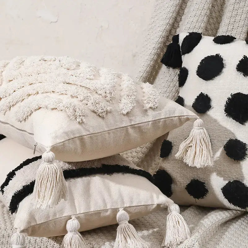 DecorBites™ Boho Tufted Beige White Tassel Pillow Cover Home Decor Square Beaded Case