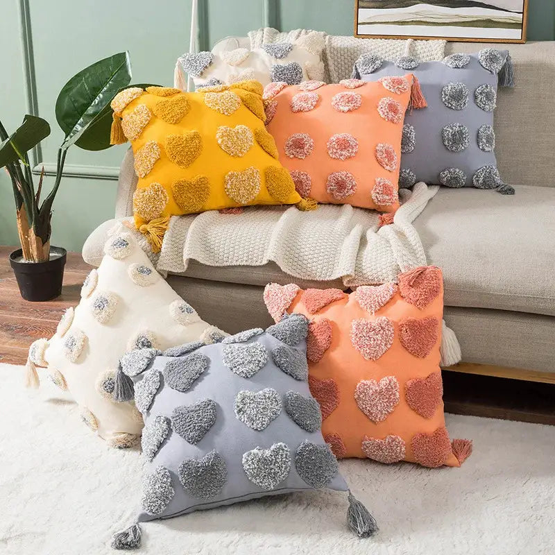 DecorBites™ Boho Tufted Embroidered Cotton Canvas Cushion Cover Grey Beige Tassel Pillowcase