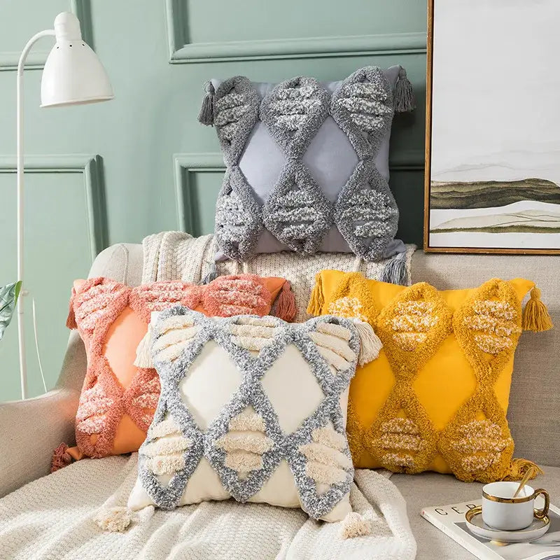 DecorBites™ Boho Tufted Embroidered Cotton Canvas Cushion Cover Grey Beige Tassel Pillowcase