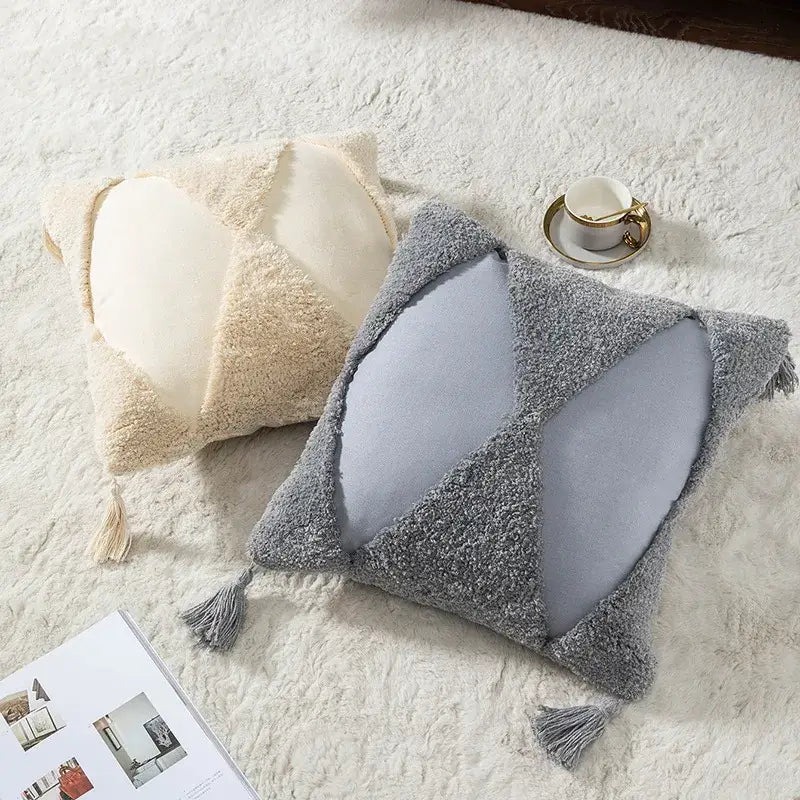 DecorBites™ Boho Tufted Embroidered Cotton Canvas Cushion Cover Grey Beige Tassel Pillowcase