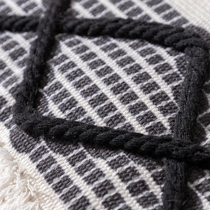 DecorBites™ Boho Tufted Fringed Black White Geometry Printed 45x45cm Pillowcase