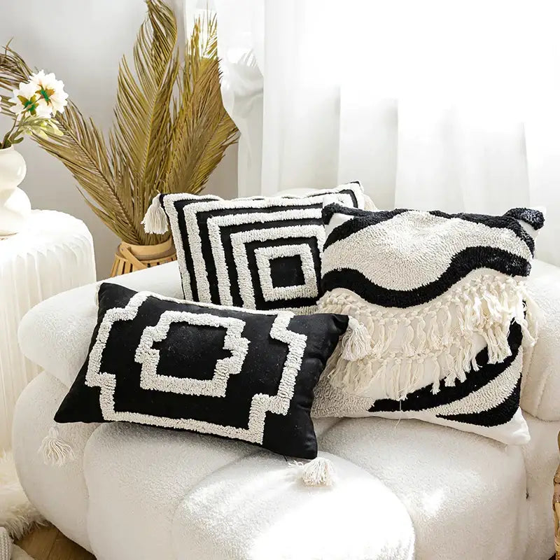 Boho tufted geometric black & white pillow cover living room tassels