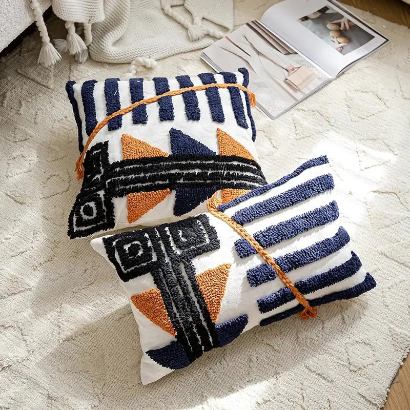 DecorBites™ Boho Tufted Pillow Cover Navy Burnt Orange 45x45cm Square for Home Decoration