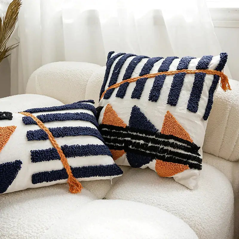 DecorBites™ Boho Tufted Pillow Cover Navy Burnt Orange 45x45cm Square for Home Decoration