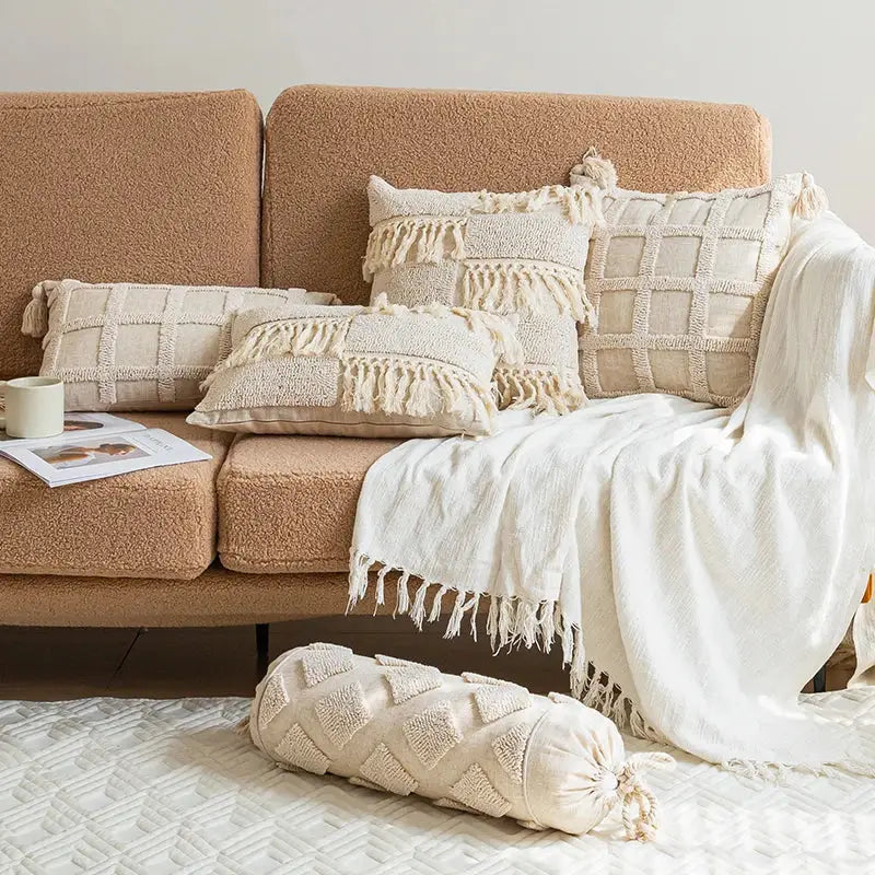 Boho tufted tassel cushion cover cream woven living room pillow