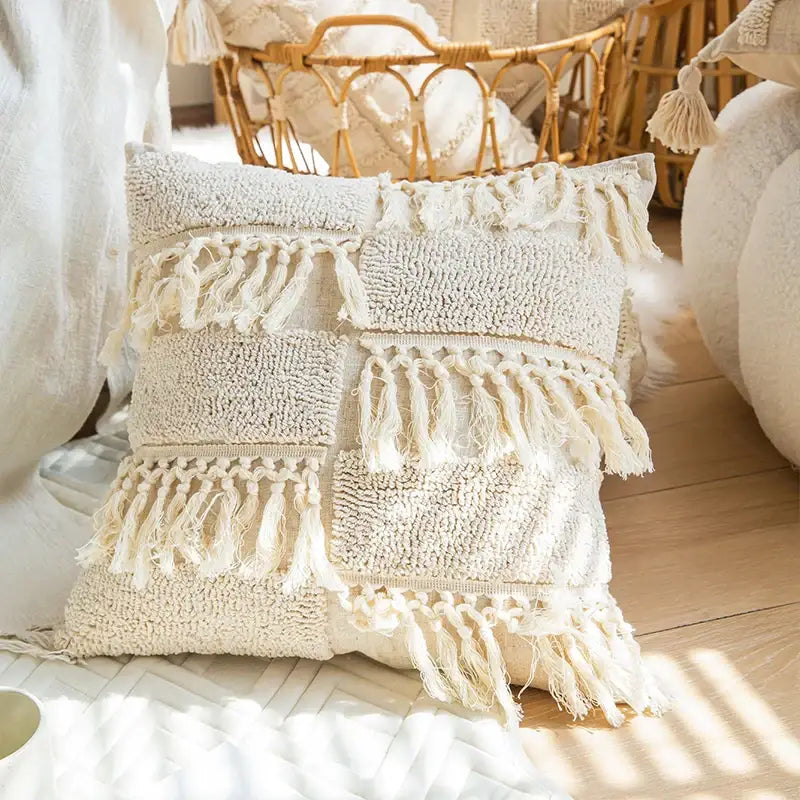 Boho tufted tassel cushion cover cream woven living room pillow