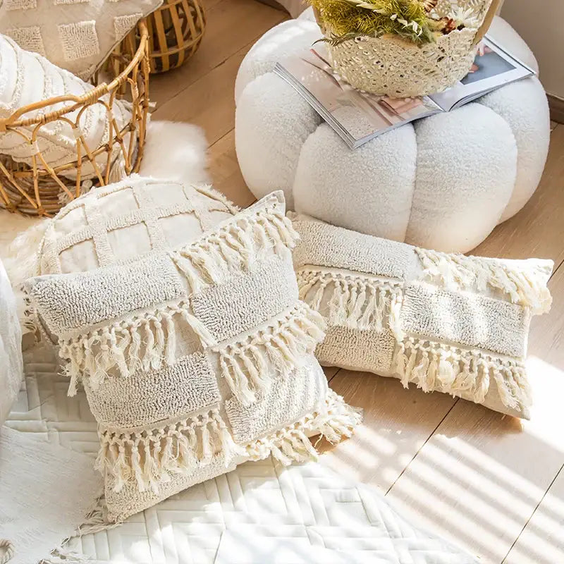 Boho tufted tassel cushion cover cream woven living room pillow