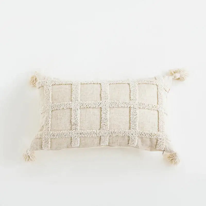 Boho tufted tassel cushion cover cream woven living room pillow
