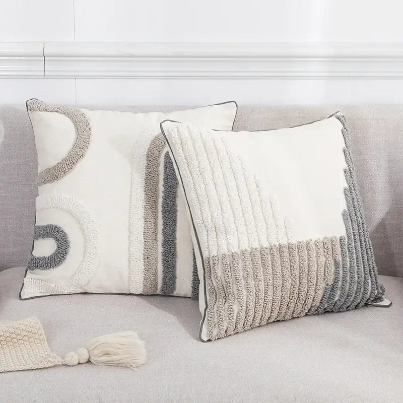 Boho white & gray tufted cushion cover living room throw pillow