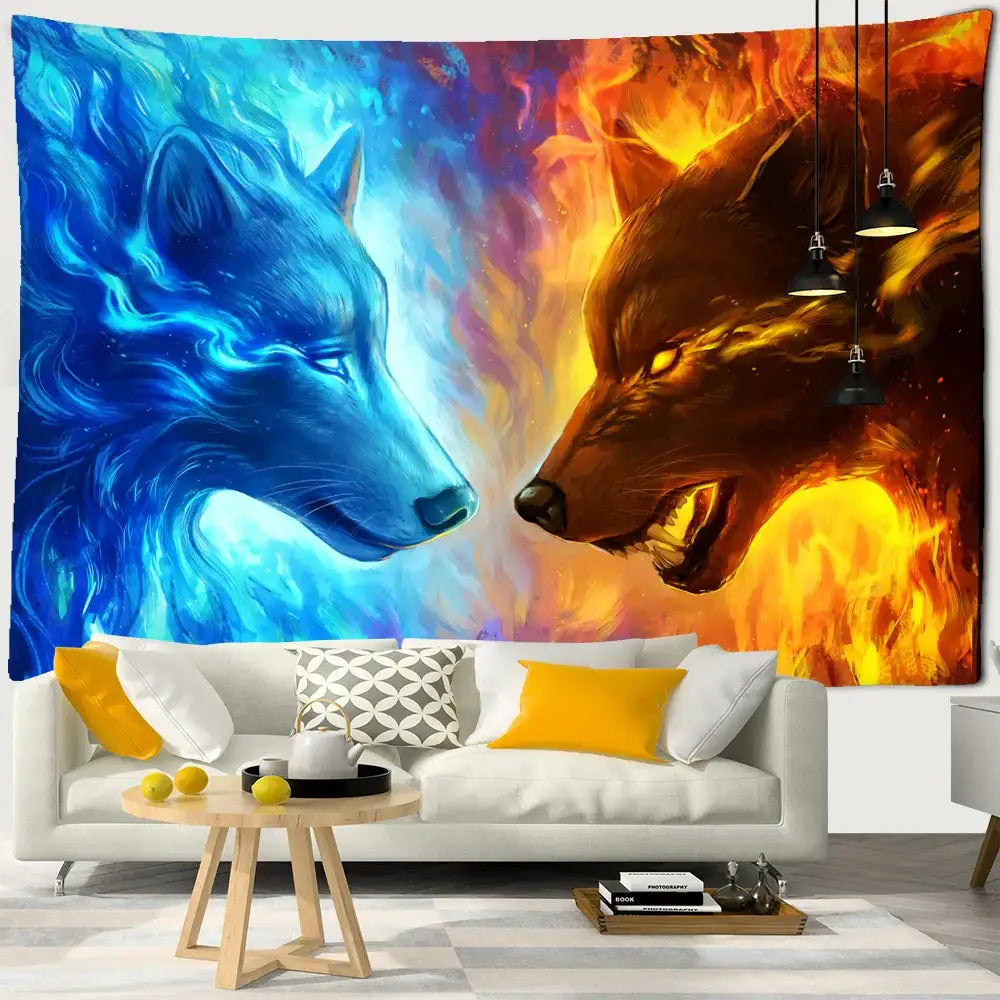 Boho wildlife tapestry wall hanging white & blue lions bedroom decor