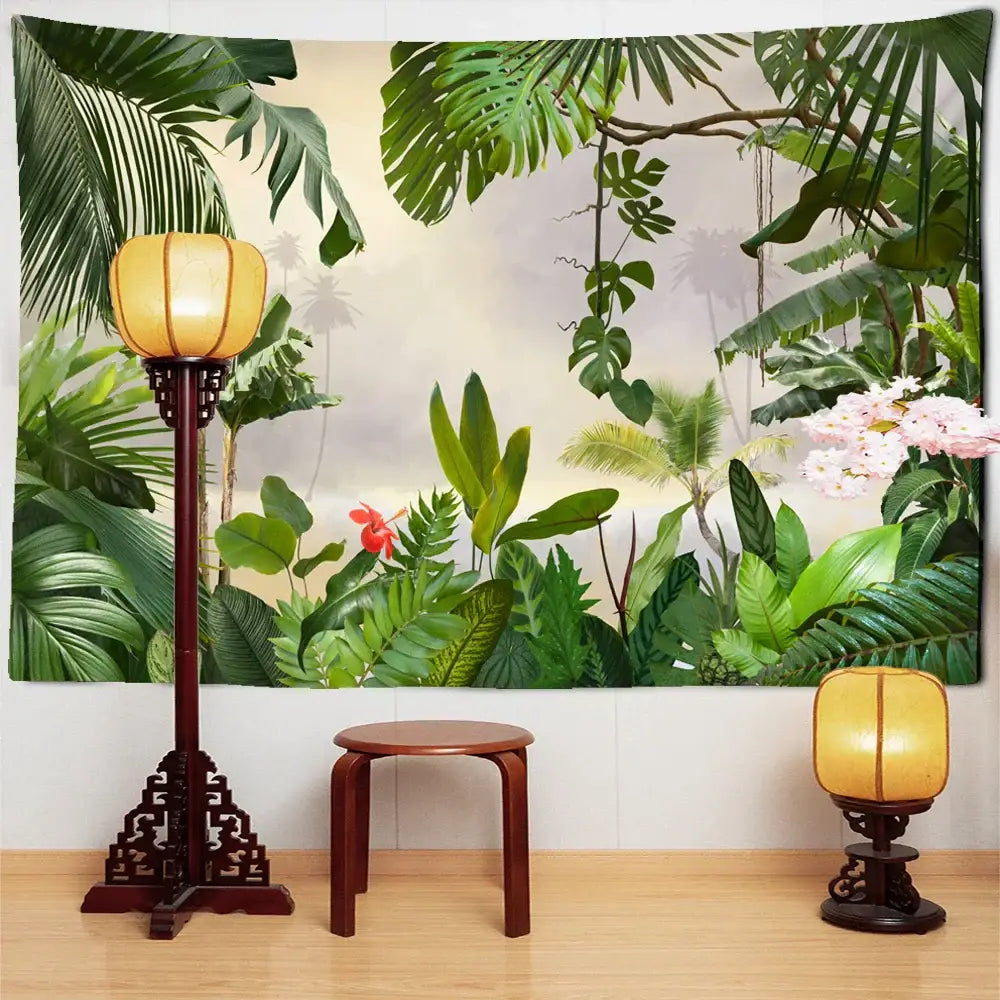 Botanical palm leaf green tapestry tropical living room wall art