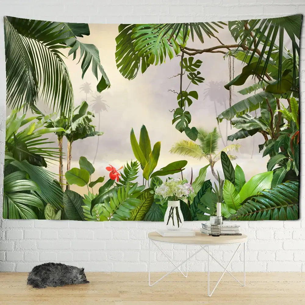 Botanical palm leaf green tapestry tropical living room wall art