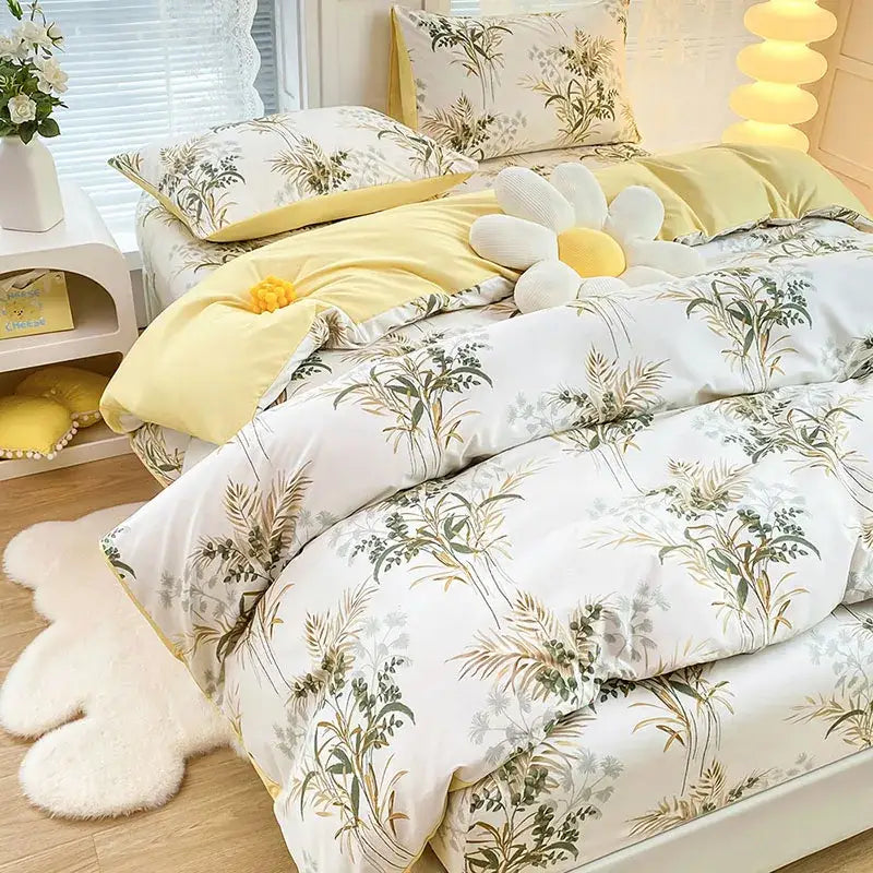 Botanical yellow & white floral duvet cover set bedroom bedding