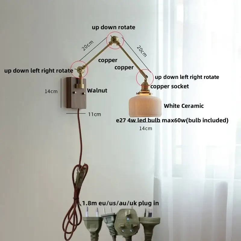 Brass and ribbed glass ceramic led wall light – bedroom sconce
