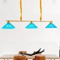 Brass & blue ribbed glass cone 3 light pendant – dining room