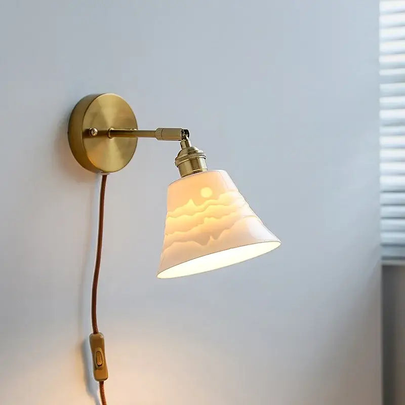 Brass ribbed decorbites ceramic wall sconce with iron arm bedroom light