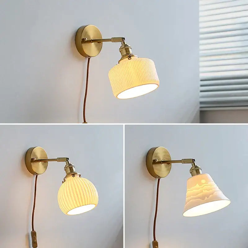 Brass ribbed decorbites ceramic wall sconce with iron arm bedroom light