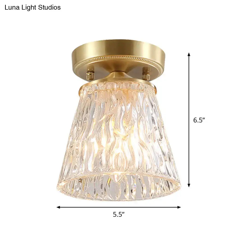DecorBites™ Brass 1-Light Semi Flush Mount with Clear Ripple/Fluted Glass Cone/Flower Design for Living Room Ceiling