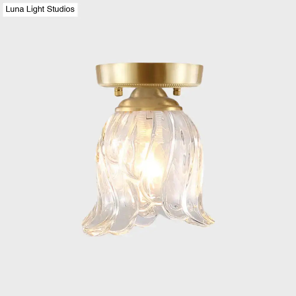 DecorBites™ Brass 1-Light Semi Flush Mount with Clear Ripple/Fluted Glass Cone/Flower Design for Living Room Ceiling