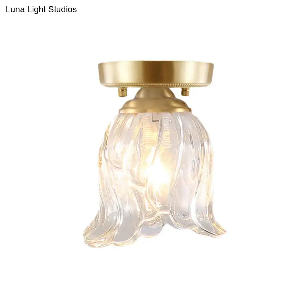 DecorBites™ Brass 1-Light Semi Flush Mount with Clear Ripple/Fluted Glass Cone/Flower Design for Living Room Ceiling