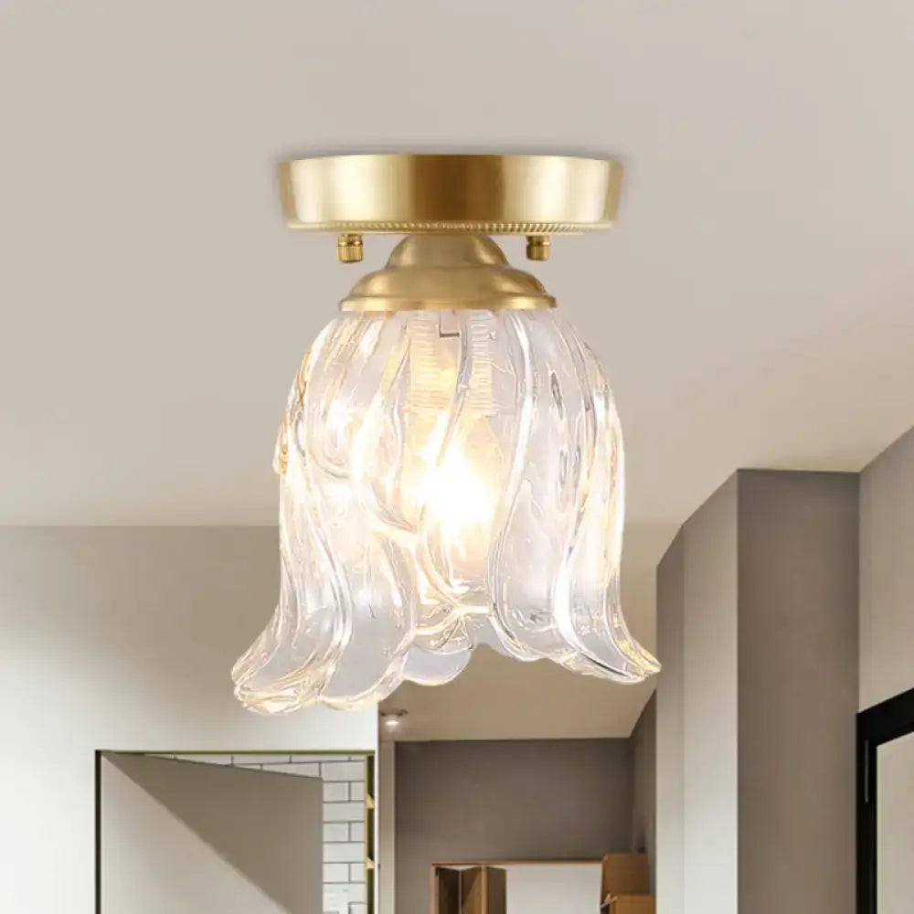DecorBites™ Brass 1-Light Semi Flush Mount with Clear Ripple/Fluted Glass Cone/Flower Design for Living Room Ceiling