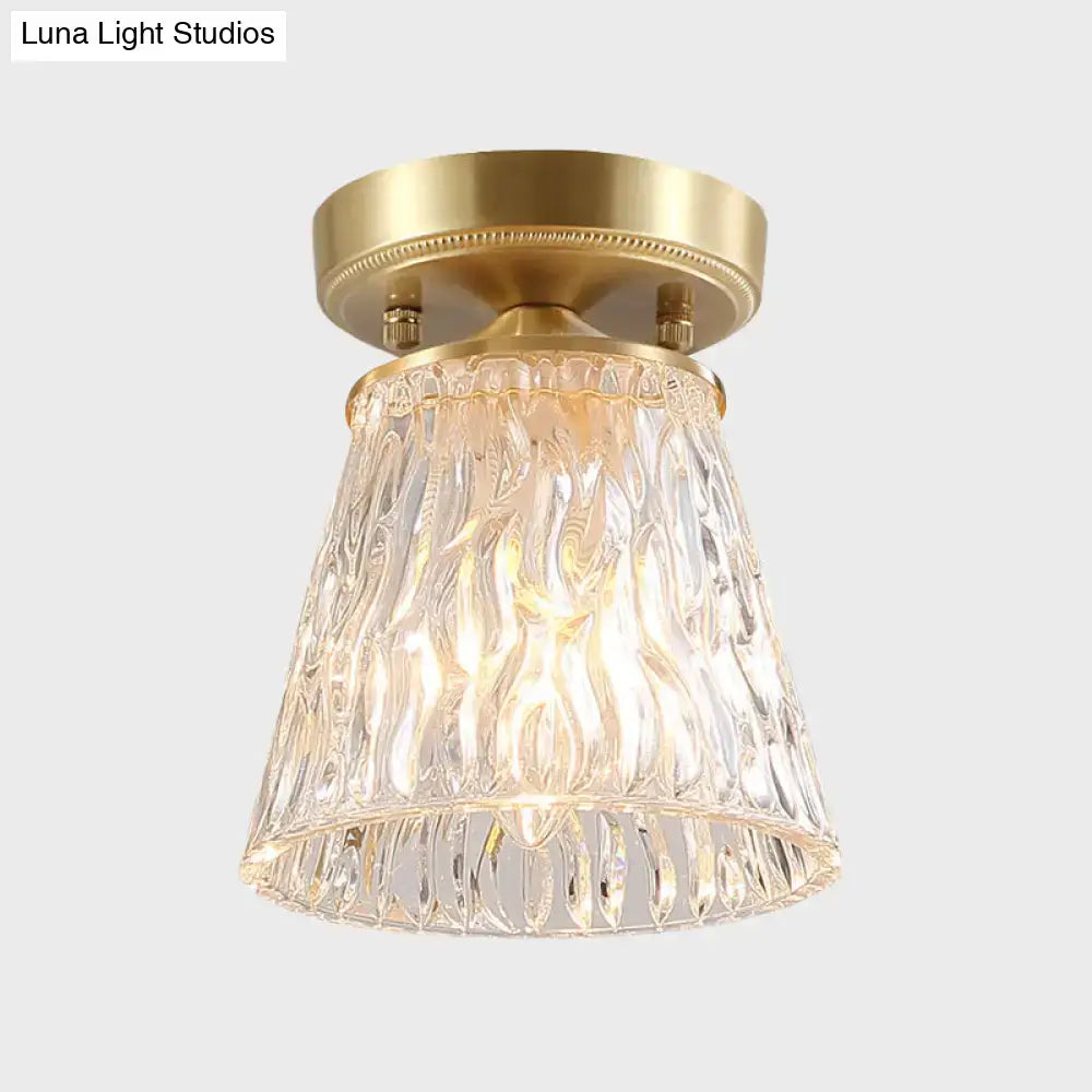 DecorBites™ Brass 1-Light Semi Flush Mount with Clear Ripple/Fluted Glass Cone/Flower Design for Living Room Ceiling