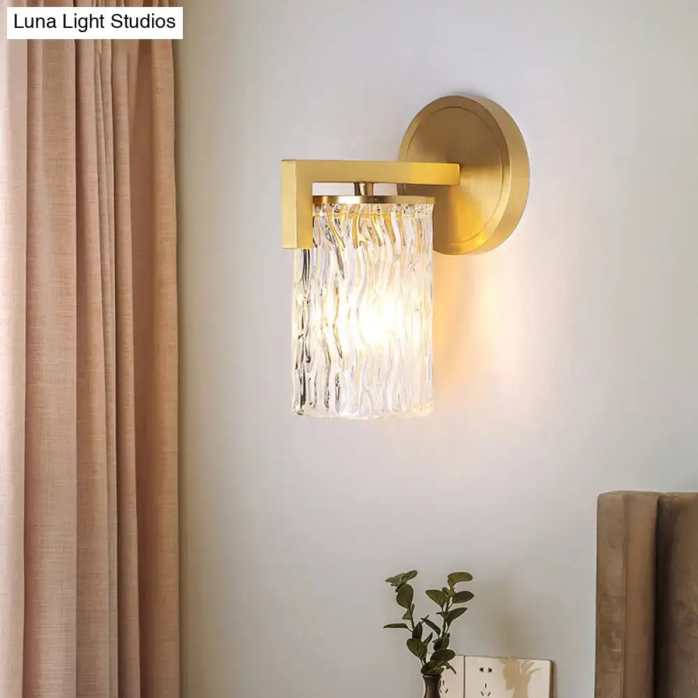 Brass wall light with cylinder rippled glass – bedroom sconce