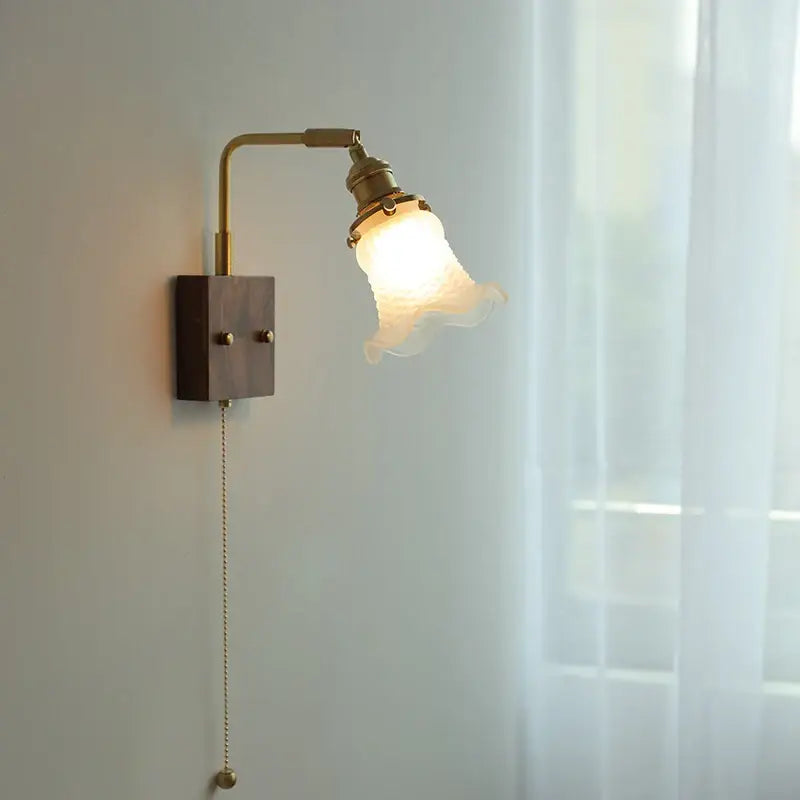 Brass walnut wood wall sconce bedroom flower glass light