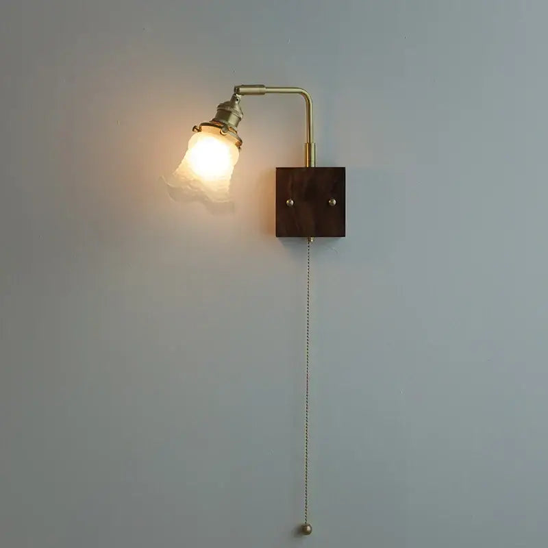 Brass walnut wood wall sconce bedroom flower glass light