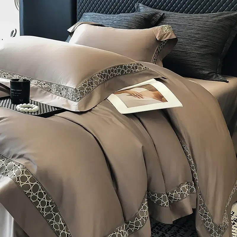 Brown lace embroidery bedding set – bedroom egyptian cotton linen