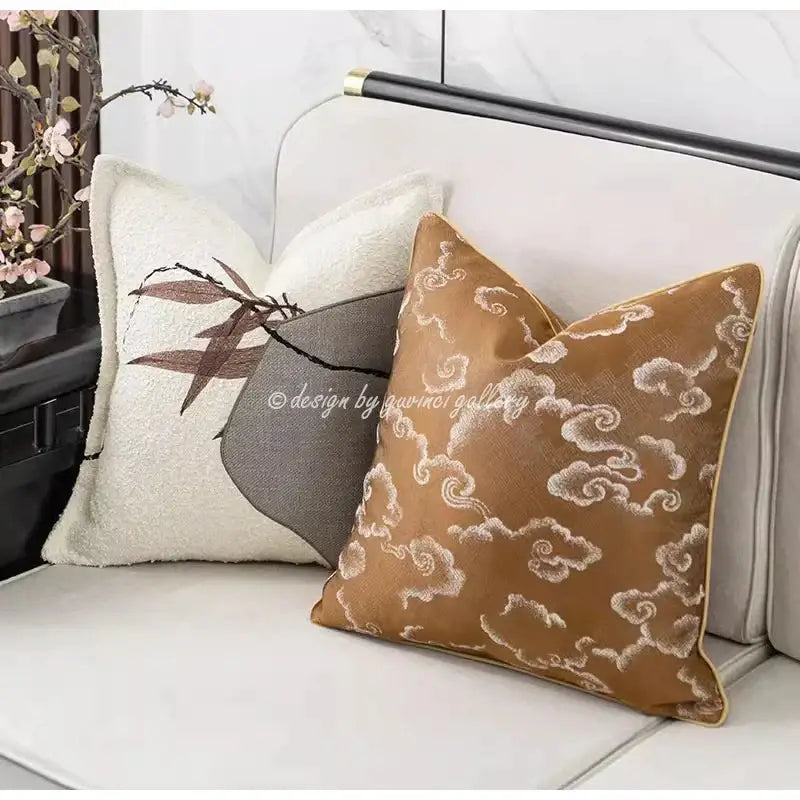 Brown & white auspicious clouds jacquard throw pillow cover living room
