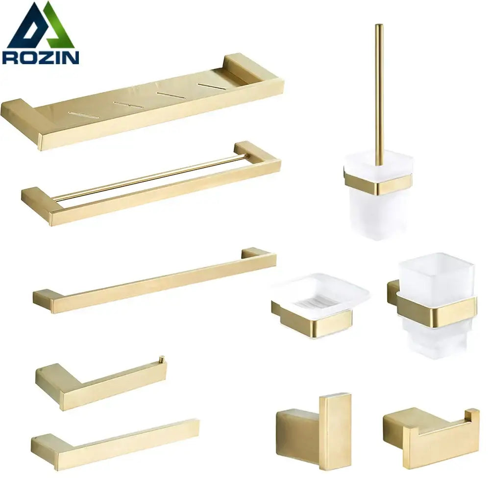 DecorBites™ Brushed Gold Stainless Steel Bathroom Accessory Set: TP Holder, Towel Bar, Storage Shelf