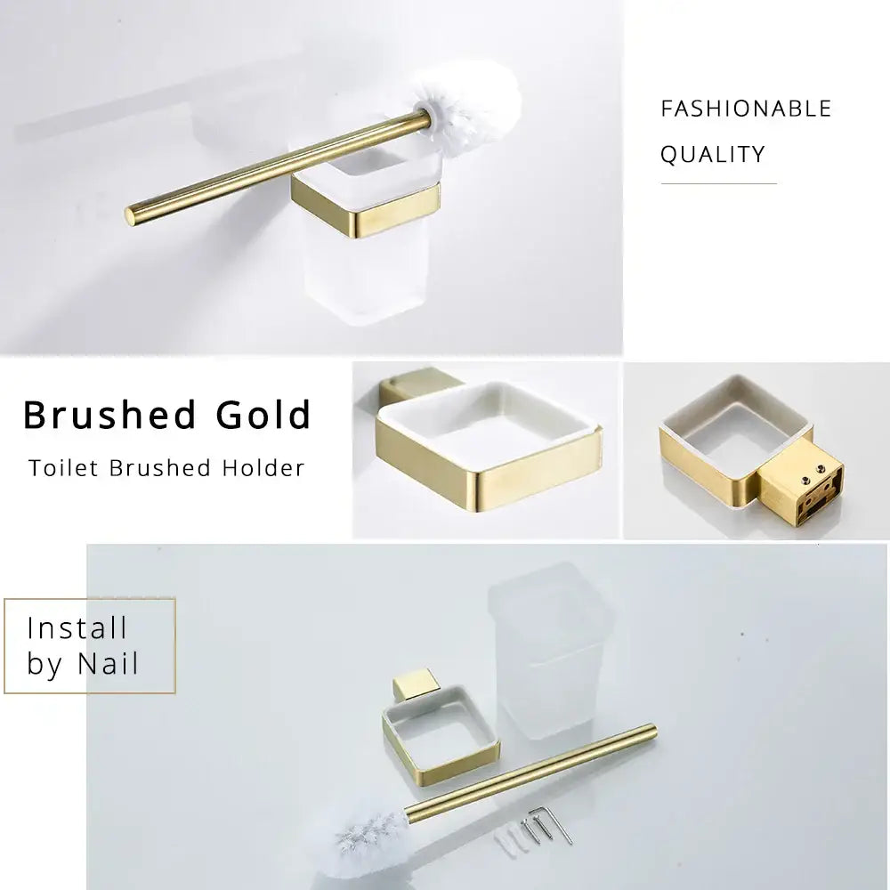 DecorBites™ Brushed Gold Stainless Steel Bathroom Accessory Set: TP Holder, Towel Bar, Storage Shelf