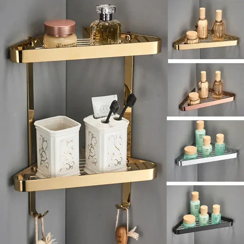 Brushed gold brass bathroom shower rack with hooks corner storage