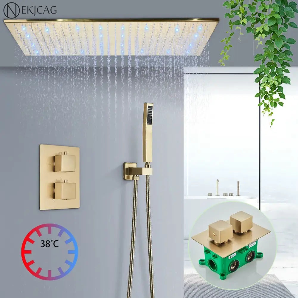 DecorBites™ Brushed Gold LED Thermostatic Shower Faucet Set with Ceiling Rainfall Shower Head