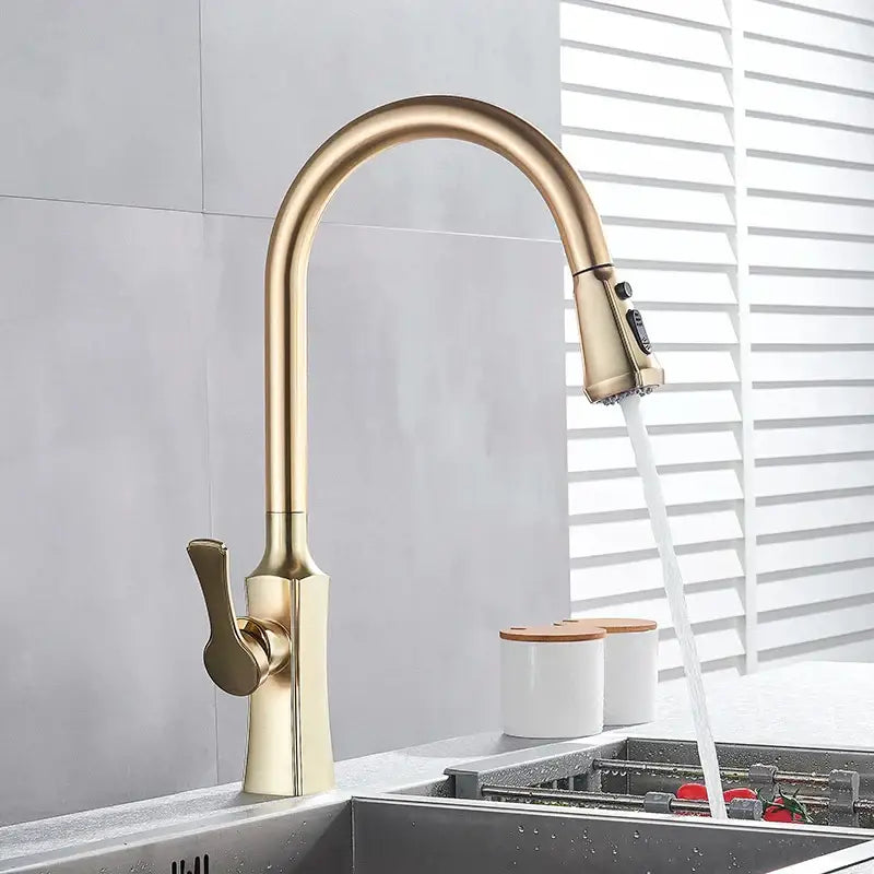DecorBites™ Brushed Gold Kitchen Faucet Hot Cold Water Mixer Pull Out Spout Brass