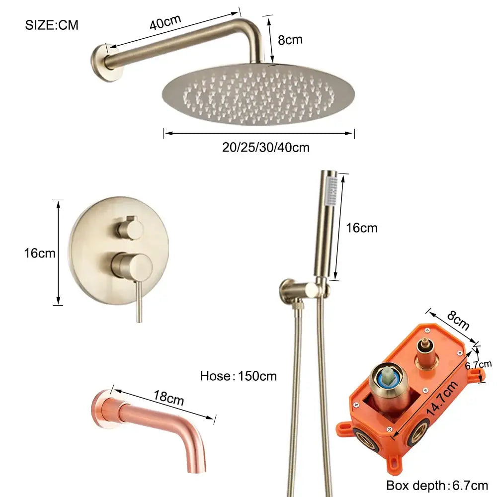 DecorBites™ Brushed Gold Shower Faucet Set: Wall Mount Rotate Tub Spout, Rainfall Head Mixer Tap