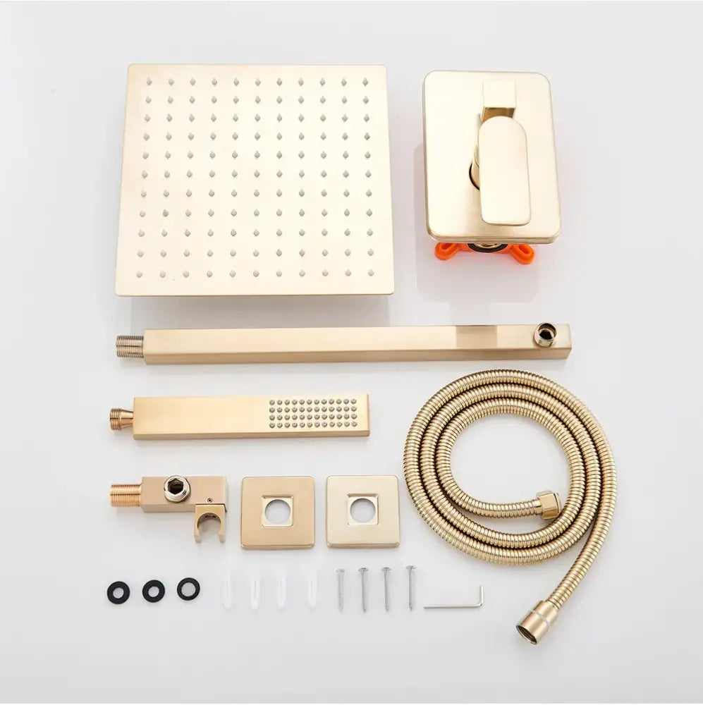 Brushed gold rainfall shower faucet with handheld sprayer bathroom