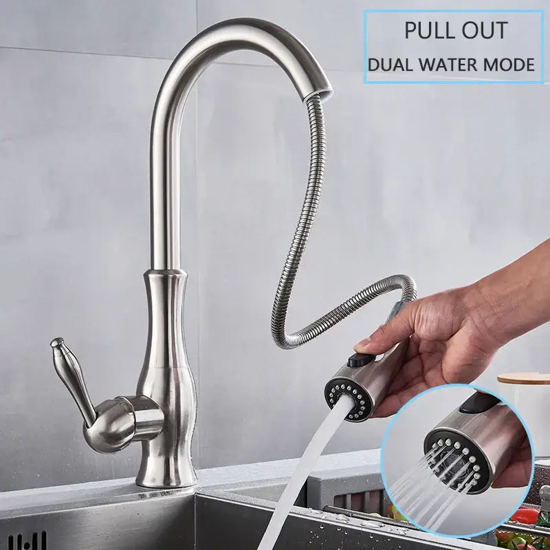DecorBites™ Brushed Nickel Kitchen Faucet Pull Out Single Handle Mixer Tap