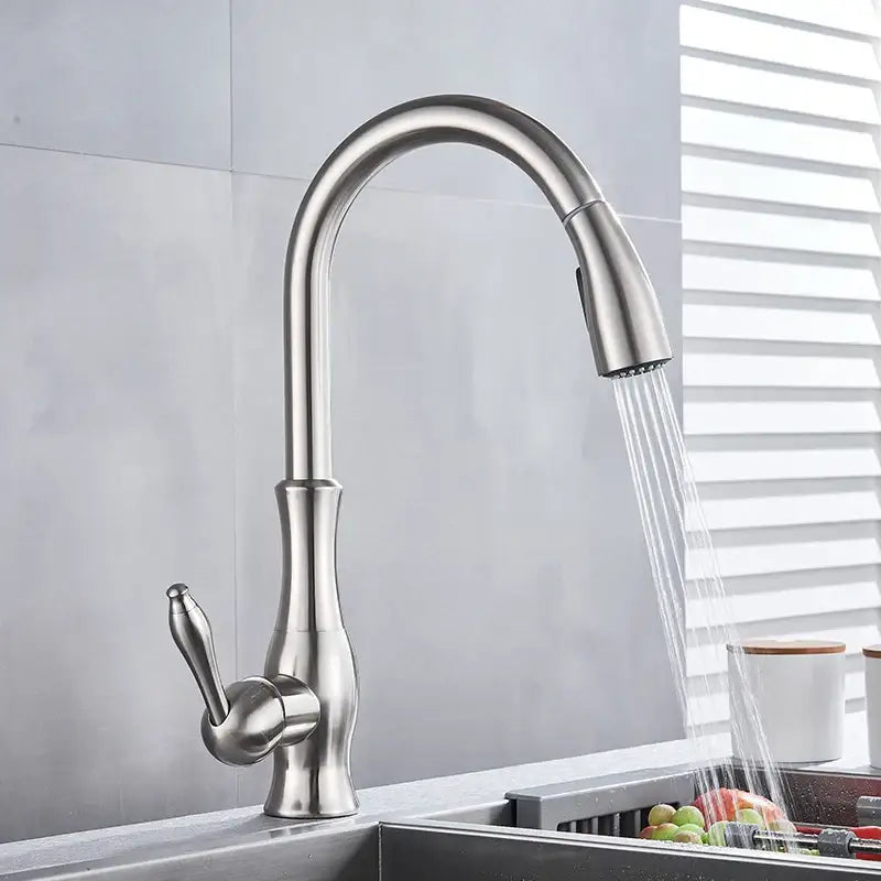 DecorBites™ Brushed Nickel Kitchen Faucet Pull Out Single Handle Mixer Tap