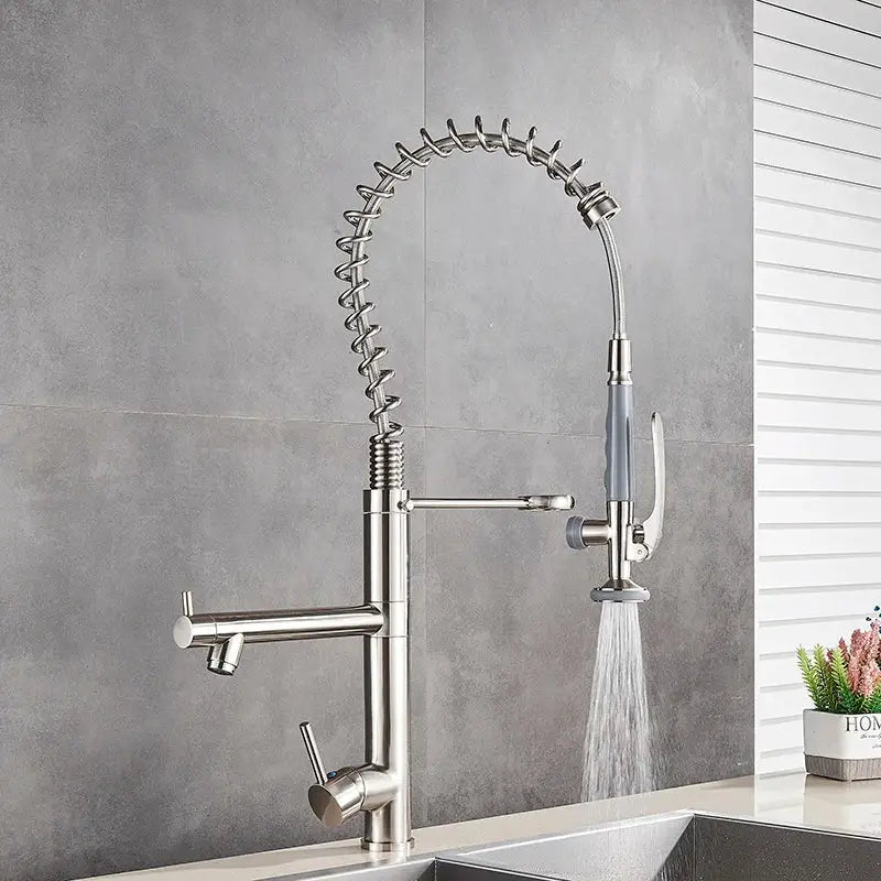 DecorBites™ Brushed Nickel Spring Kitchen Faucet Single Handle 360 Rotation Mixer Tap