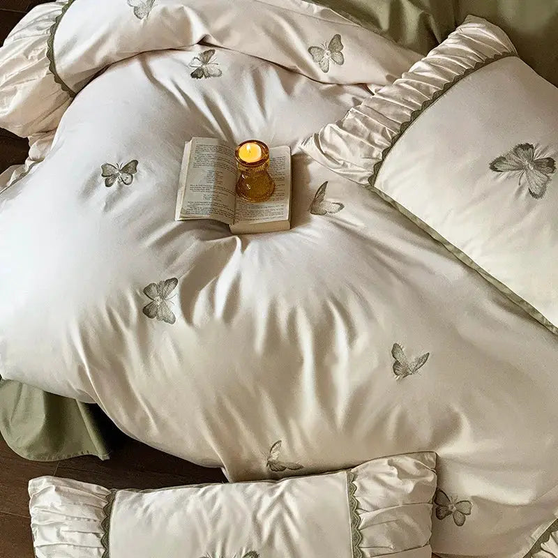 Butterfly embroidery cream satin bedding set bedroom duvet sheet
