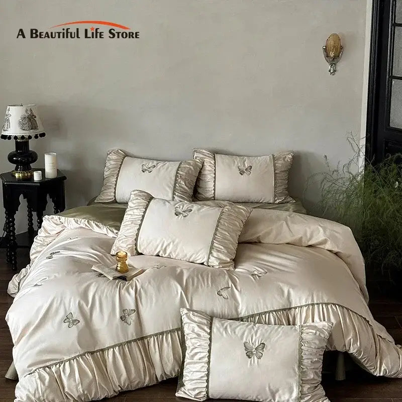 Butterfly embroidery cream satin bedding set bedroom duvet sheet