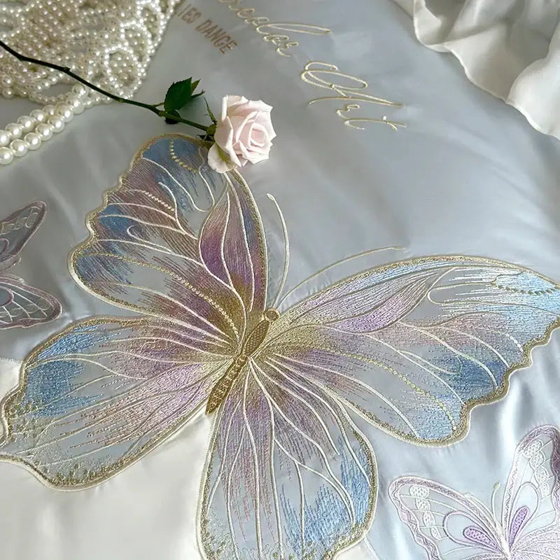 DecorBites™ Butterfly Embroidery Lace Ruffles Bedding Set 100S Egyptian Cotton Duvet Cover