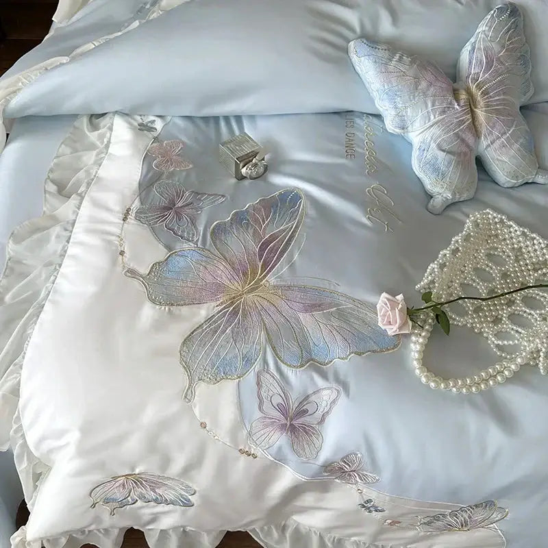 DecorBites™ Butterfly Embroidery Lace Ruffles Bedding Set 100S Egyptian Cotton Duvet Cover