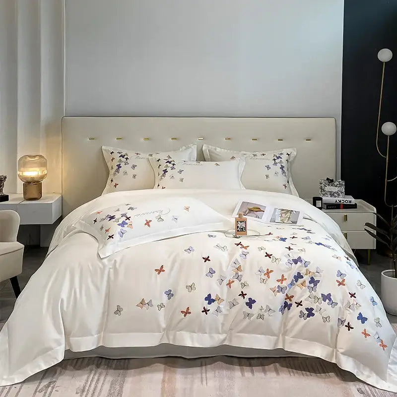 Butterfly embroidery white cotton bedding set – bedroom decor