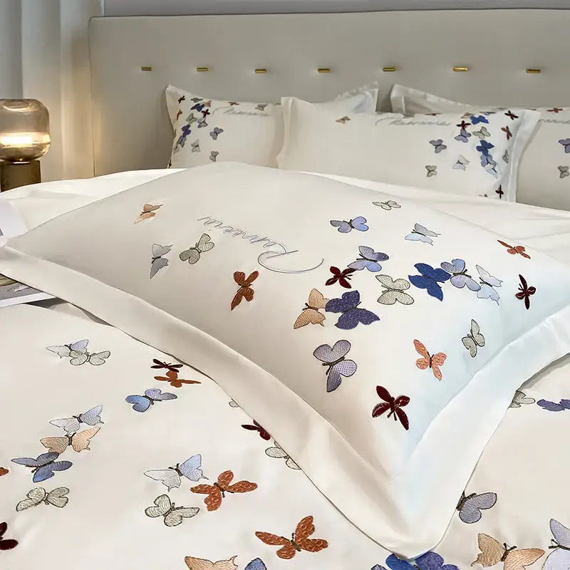 Butterfly embroidery white cotton bedding set – bedroom decor