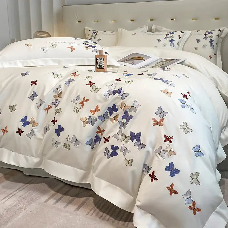Butterfly embroidery white cotton bedding set – bedroom decor