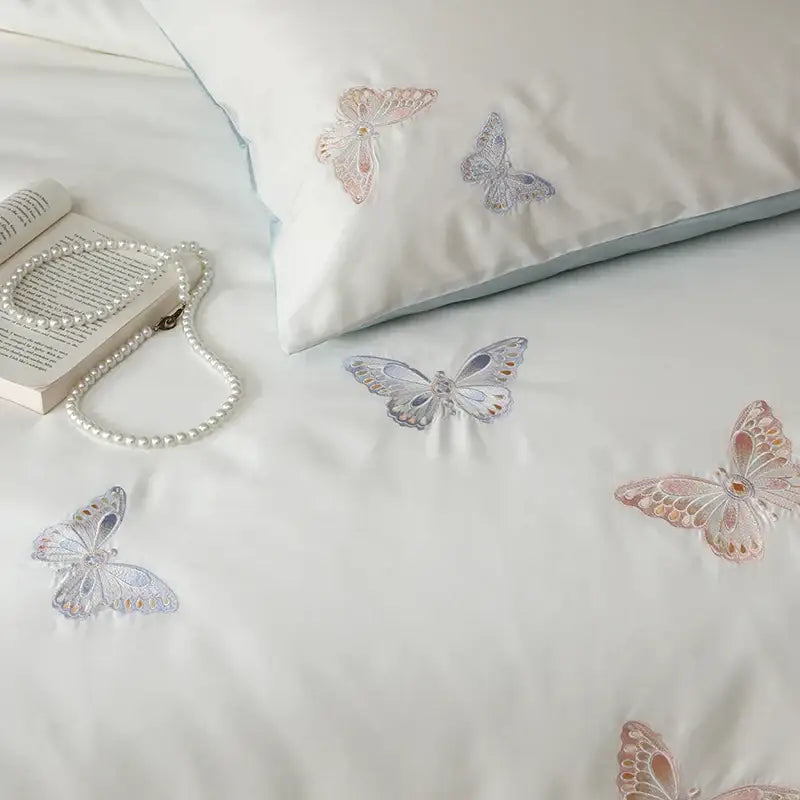 DecorBites™ Butterfly Embroidery Lyocell Cotton Bedding Set, Silky Soft Cool Feeling Sheets