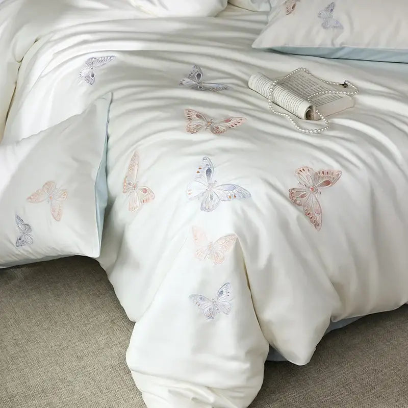 DecorBites™ Butterfly Embroidery Lyocell Cotton Bedding Set, Silky Soft Cool Feeling Sheets